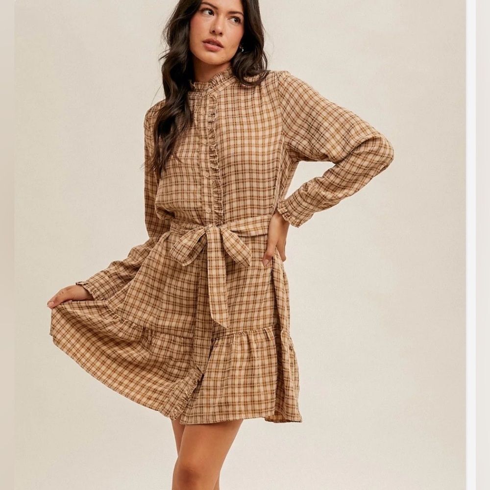 NWT Hem & Thread Plaid Belted Ruffled Dress